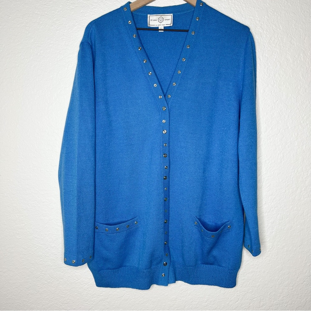 St John Sport Vintage Blue Santana Knit Cardigan Sweater size Large